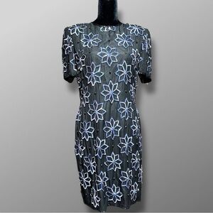 Adrianna Papell Vintage Black Dress Beaded Sequin Floral Christmas NYE Sz 14